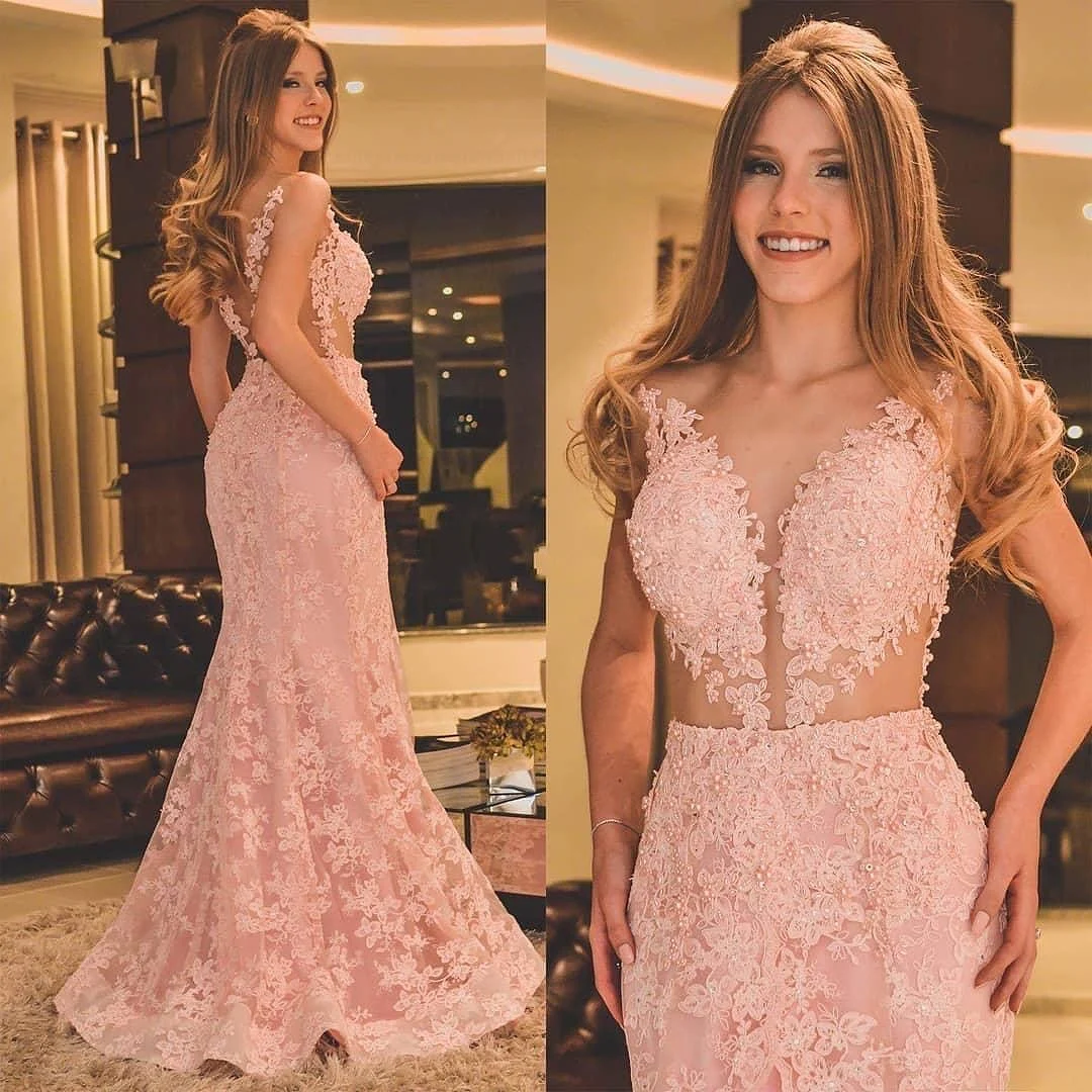 

Pink Mermaid Evening Dresses Deep V-neck Sleeveless See Through Fully Lace Applique Beaded Pearls Sexy Prom Party Celebrity Gown