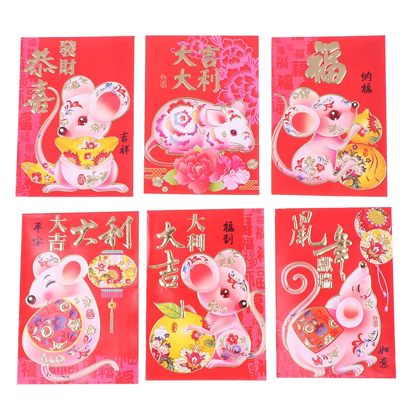 6 шт 2020 милые Мультяшные крысы Фортуна новый год красный карман красные конверты
