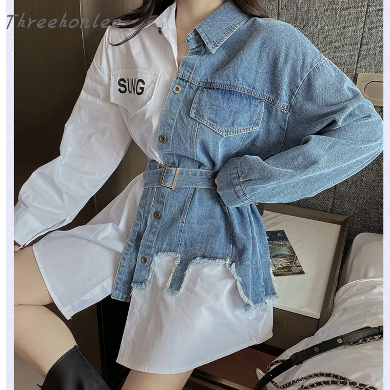 

Женское джинсовое платье-рубашка, однобортное джинсовое платье с высокой талией, бело-синее платье из джинсовой ткани, лето 2021