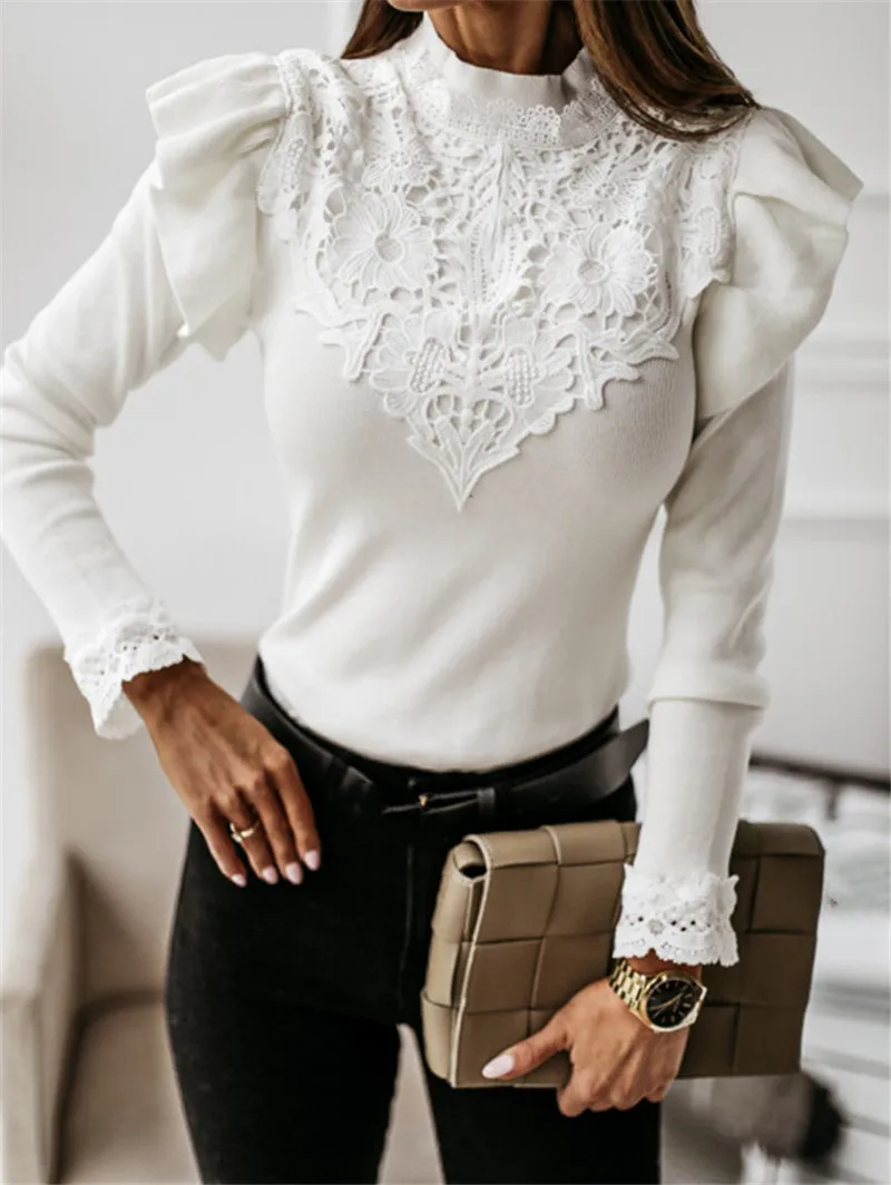 

CHRONSTYLEShirts 2021 Sexy Elegant Women Long Sleeve Lace Floral Patchwork Blouses Outwear Ruffles Puff Sleeve Turtleneck Shirt