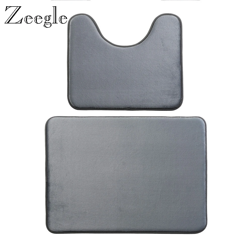 Zeegle 2pcs Anti Slip Bath Mat Set Toilet Pedestal Rug Flannel Soft Bathroom Doormat Absorbent Foot Memory Foam | Дом и сад
