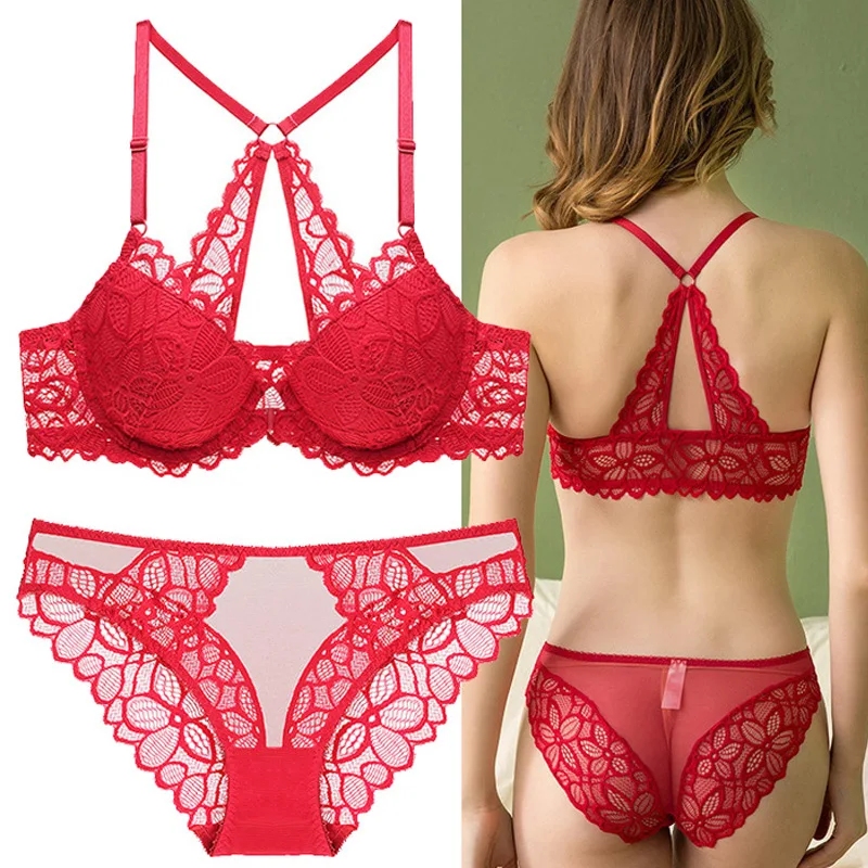 

European and American Sexy Big Red Bra Suit Front Button Beauty Back Gathered Lace Underwear Bra lingerie