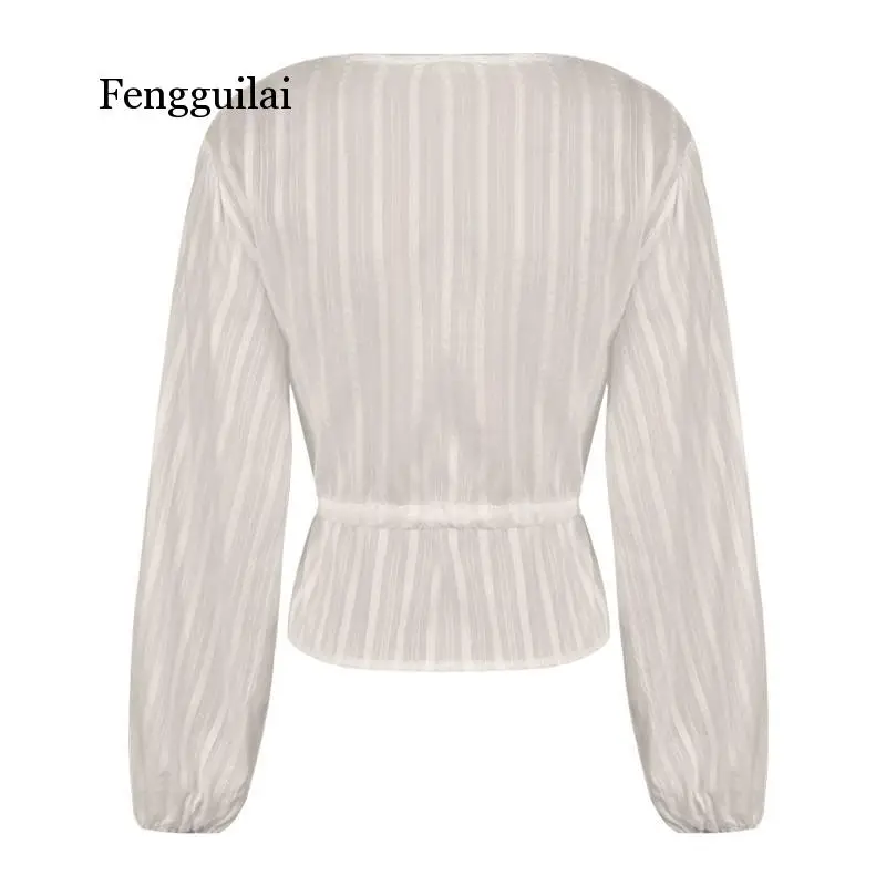 

High Street Women White Crop Tops Striped Blouse Lace Deep V Neck Long Lantern Sleeve Shirts Eleghant Lady Waist Lace-up Tops