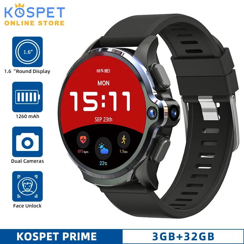 Смарт-часы KOSPET Prime мужские 3 ГБ 32 Android двойная камера 1260 мАч 1 6 дюйма сканер лица 4G GPS