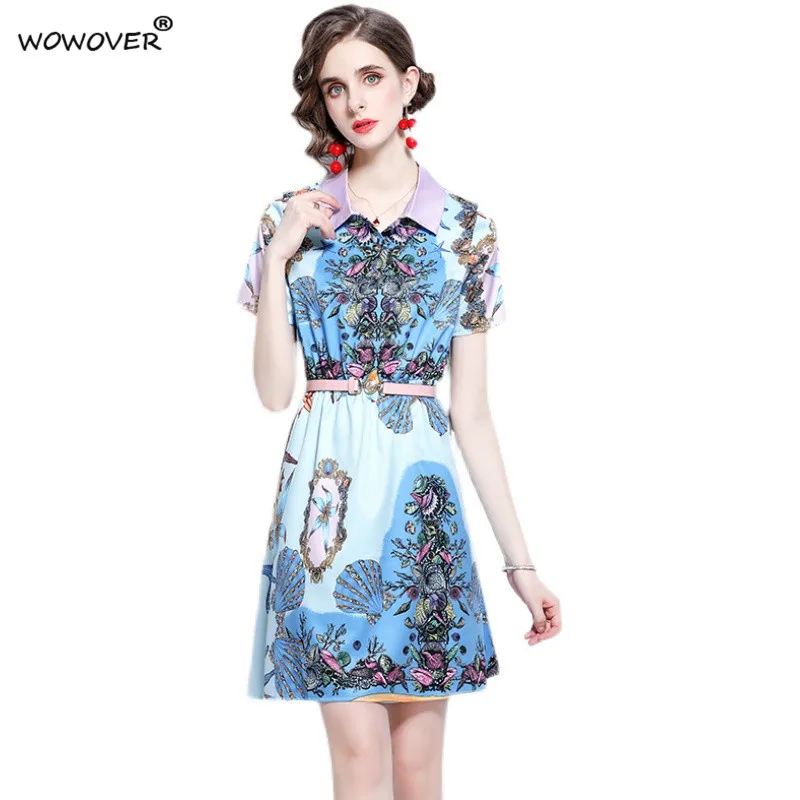 

Fashion Runway Summer Dress 2021 Women's Short Sleeve Vintage Print Empire Casual Knee Length Robe Femme Belt Aline Vestido