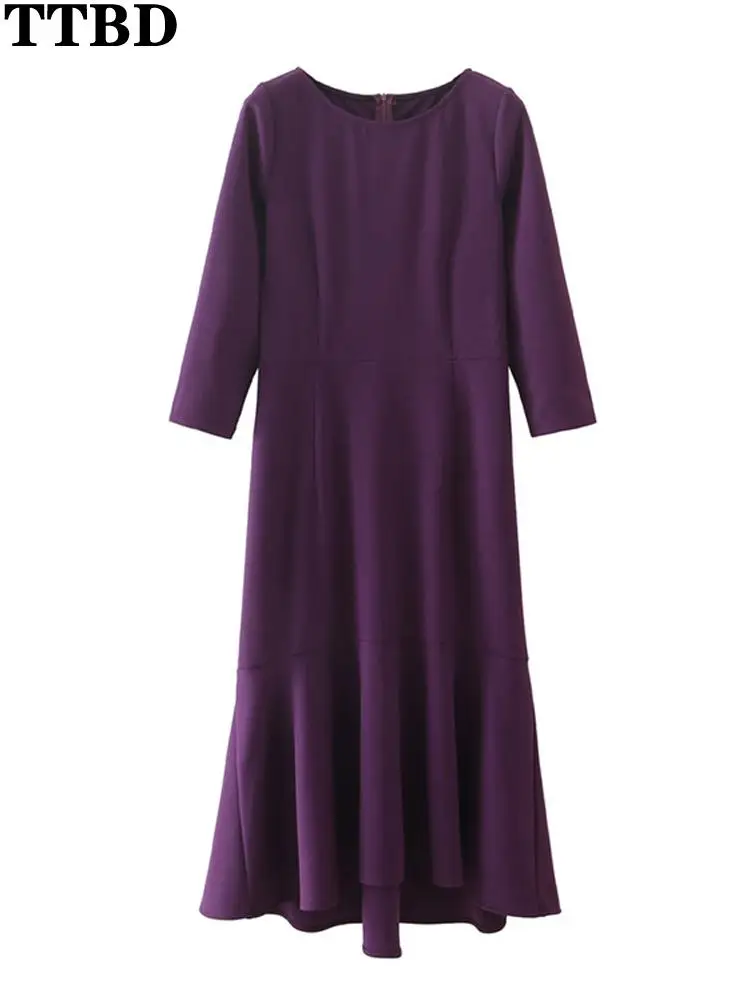 

TTBD Women 2021 fashion with ruffle detail fishtail midi dress vintage long sleeve back zipper female dresses vestidos robe