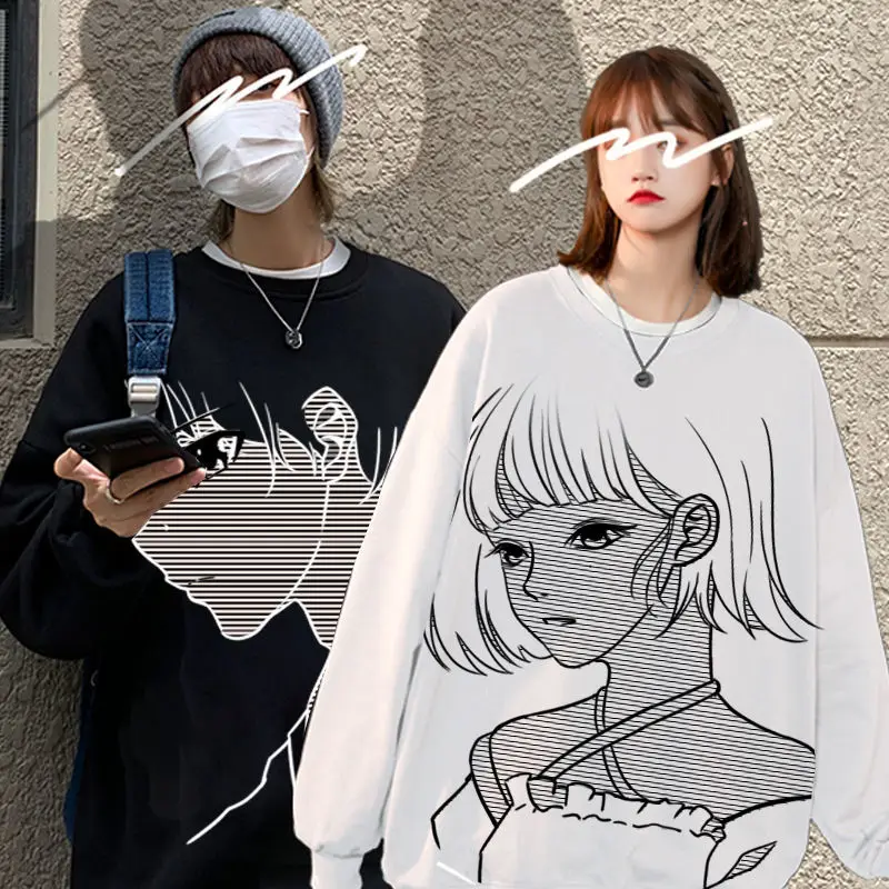 

Japanese comics couple jacket plus velvet thick couple sweater high street kawaii vintage clothes sweatshirt vintage hoodie size