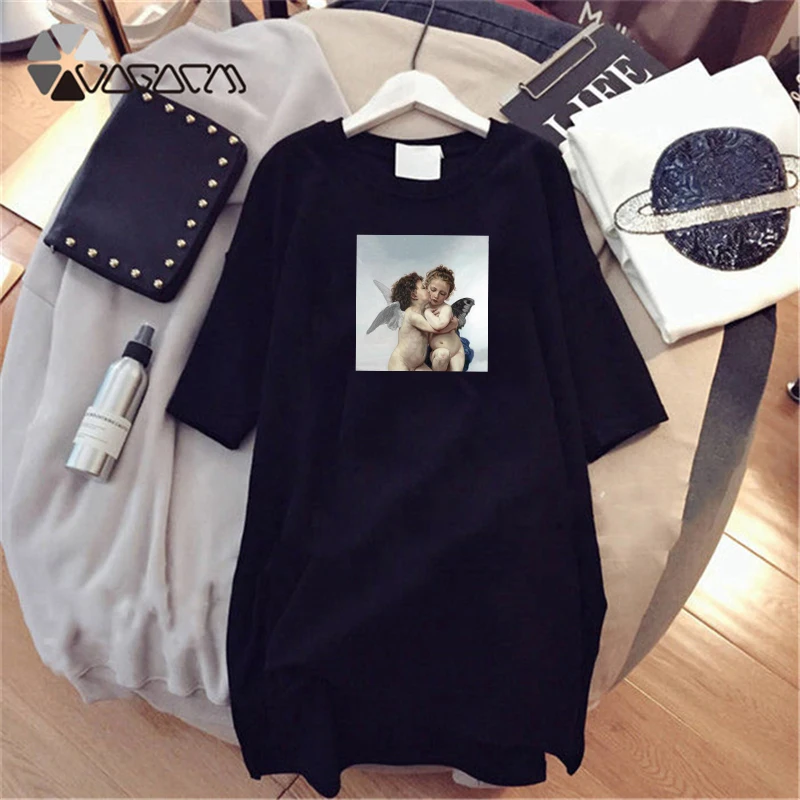 

Women Plus Size Dress Cute Angel Print Party Summer Short Sleeve Loose Casual Harajuku Dress Fashion Black White Femme Mini Robe