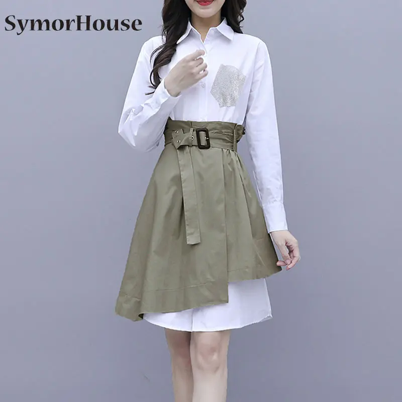 

Women 2022 Spring Autumn Sexy Fashion Casual OL Work Wear 2 Pieces Set Sheath Shirts Tops And Blue Mini A-line Skirts Suits