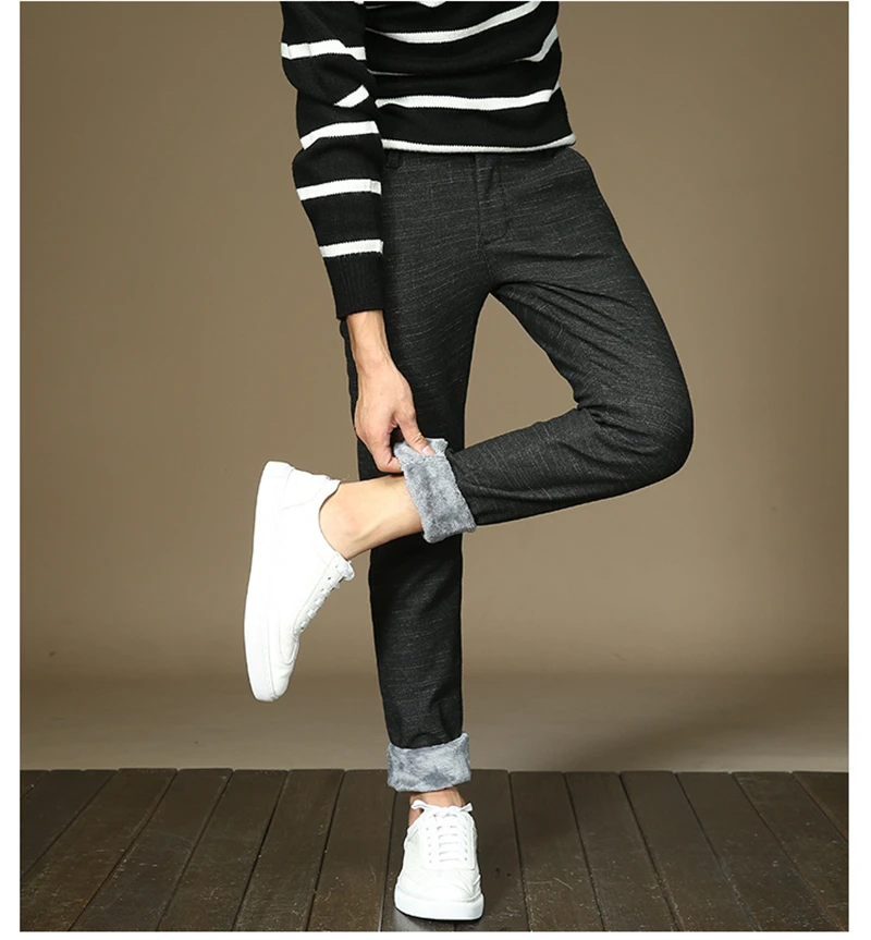 Mens Winter Fleece Warm Pants Men Korean Casual Slacks Slim Warm Thick Pants for Men Fashion Black Gray Blue Trousers Male,688