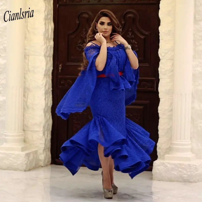 

Женское вечернее платье с юбкой годе, синее кружевное платье до щиколотки с открытыми плечами и запахом
