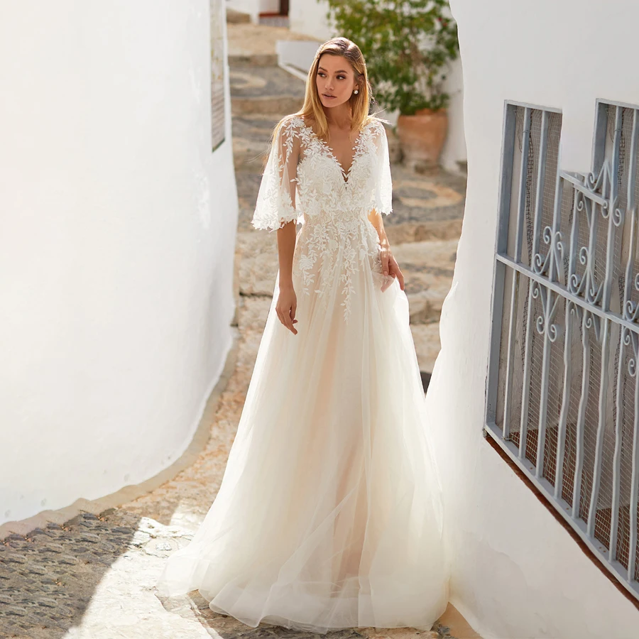 

Свадебное платье цвета шампанского с V-образным вырезом и рукавами-крылышками, а-силуэт, кружевное свадебное платье с аппликацией, свадебно...