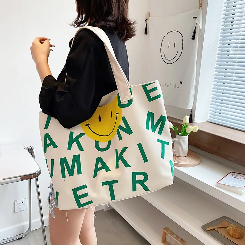 

2021 Japan Style Canvas tote bags for women Smile Face Letter Pattern Female bag Casual Large beach bag big handbags for women