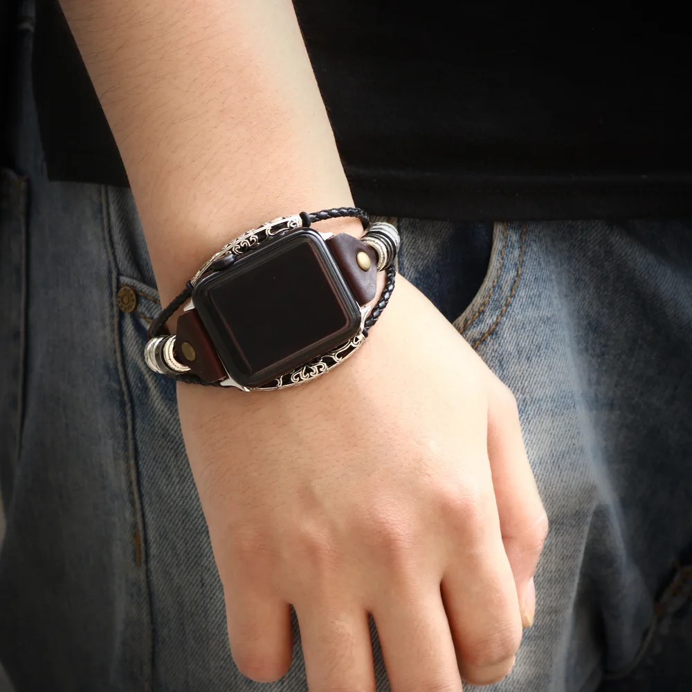 

Braided Leather Bangle Band for apple watch band 42mm 44mm Fashion Stainless Steel Link Bracelet Watchband for iwatch series 3