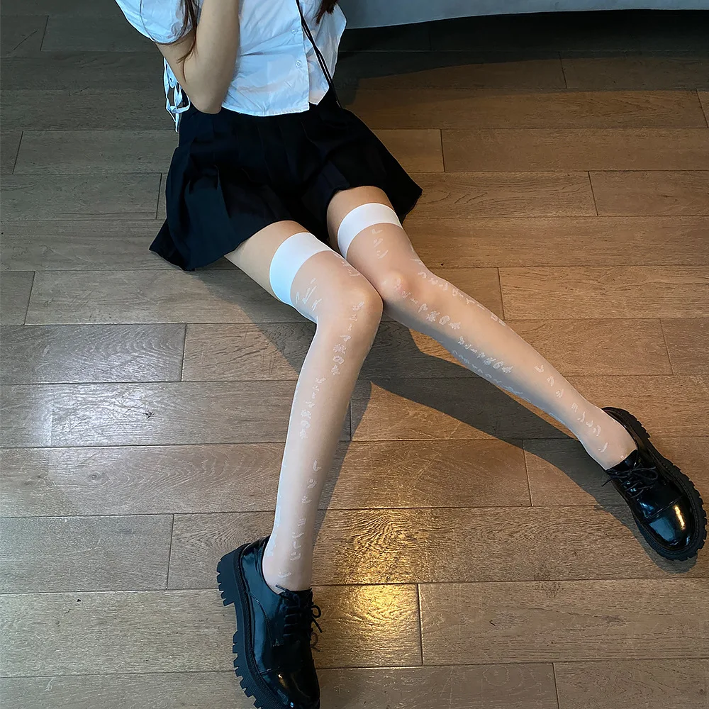 Knee Socks Autumn Winter Women's Long Socks Girls Thigh High Stockings Japanese Pattern Printed White Pantyhose Warm Tights 2022