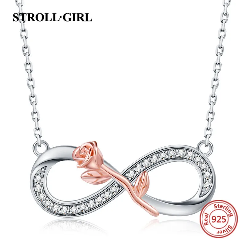 Strollgirl 925 Серебряная цепочка бесконечной любви с розой кулон Цепочки и ожерелья