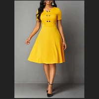 2022 new fashion short sleeve solid yellow high waist slim fit large hem medium length dress