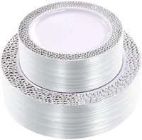 25pcs silver plastic plates disposable plastic plates with silver rim lace design plastic wedding party plates