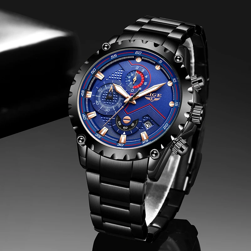 LIGE деловой мужской роскошный бренд часов наручные часы из нержавеющей стали