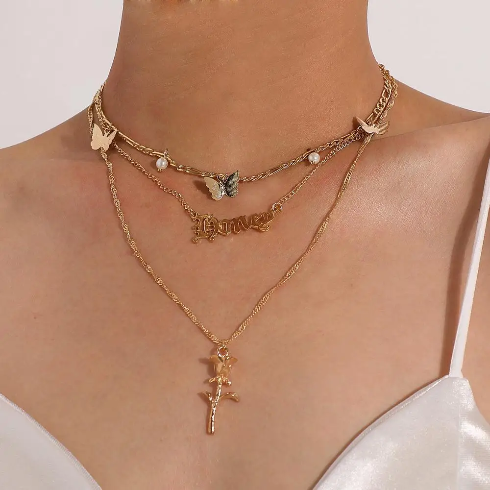 

Gothic Butterfly Necklace for Women Layered Gold Color Chains Choker Rose Flower Letter Pedant Women's Neckalce 2020 Trendy