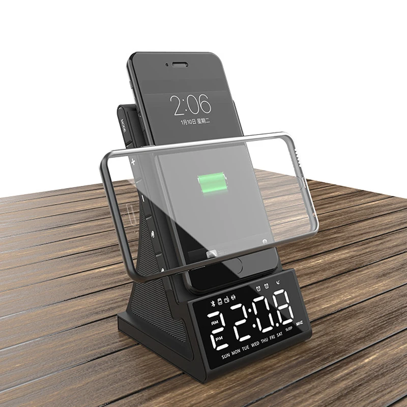 

Wireless Charging Base Blutooth 5.0 Wireless Charger Alarm Clock Bluetooth Speaker FM Radio for iPhone Android P7Ding