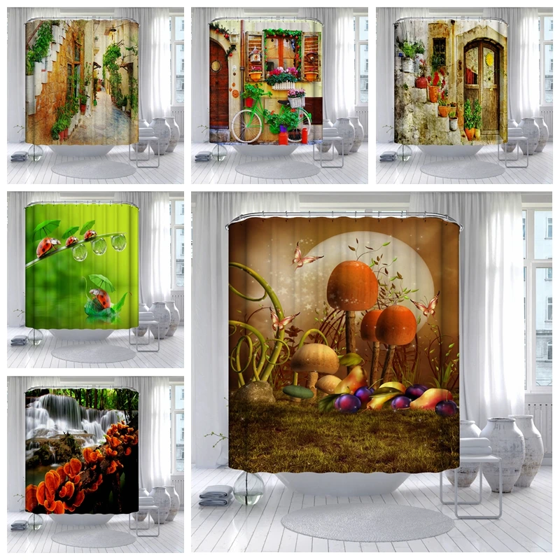 

Forest Colorful Mushroom Ladybug Shower Curtain Beautiful Curtains Decorations Bathroom Screen Child Fairy Tale Bath Home Decor