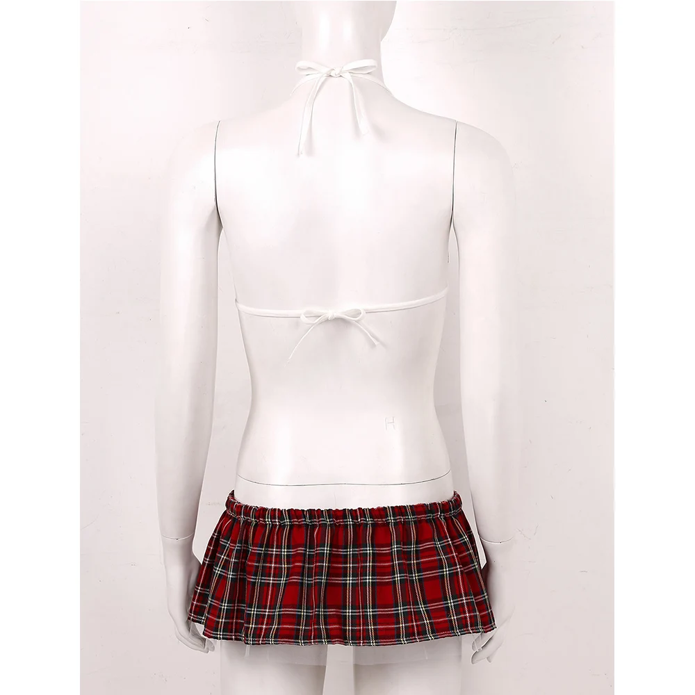 Women Sexy Cosplay School Girl Costume Halter Tie-on Bra Top with Mini Plaid Skirt G-string Lingerie Set Adult Roleplay Uniform |