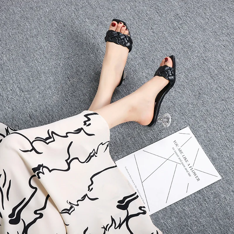 

2020 new fashion woven sandals transparent square head open toe elegant fashion thick heel trend high heel women's shoes