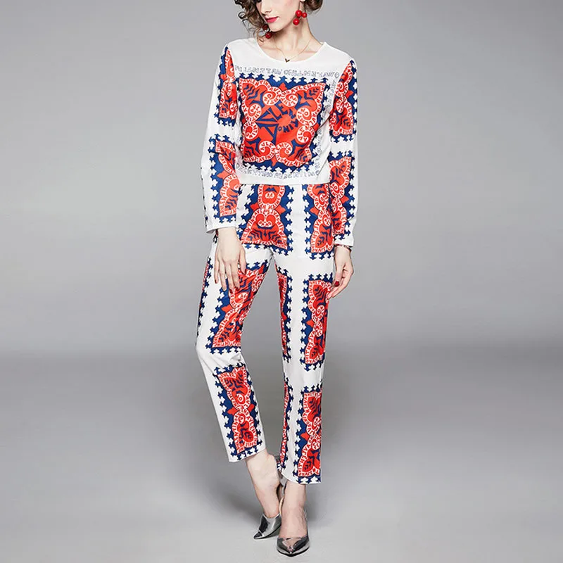 Zpqowv Новая мода печать с длинными рукавами рубашка Высокая талия брюки набор был