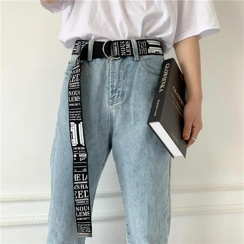 

Canvas Men Women Belts Casual 130cm Long Hip hop Letter Strap Jeans Trouser Black White D Shape Buckle Female Harajuku Waistband