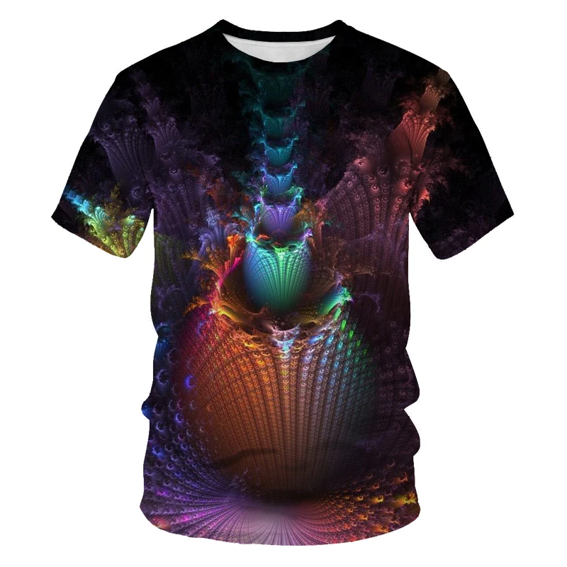 

3D printing men and women all-match net red super fire T-shirt geometric psychedelic colorful summer loose O-neck short sleeves