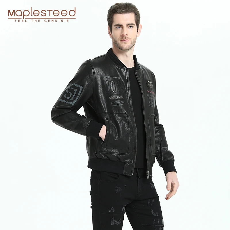 Мужская кожаная куртка из черной дубовой овчины с принтом индийской головы