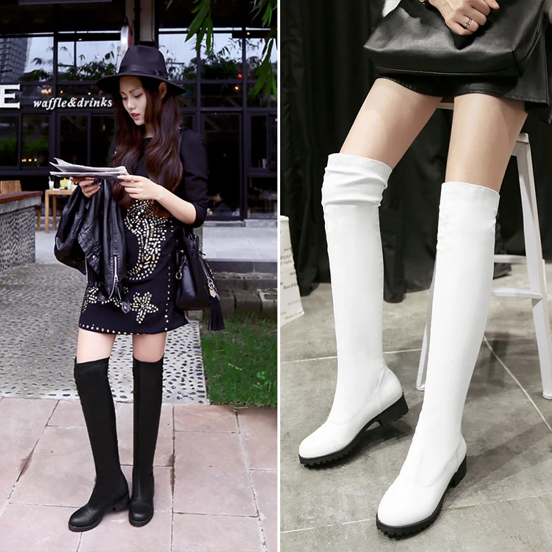 Модные сапоги до колена женские зимние высокие на толстом высоком каблуке с