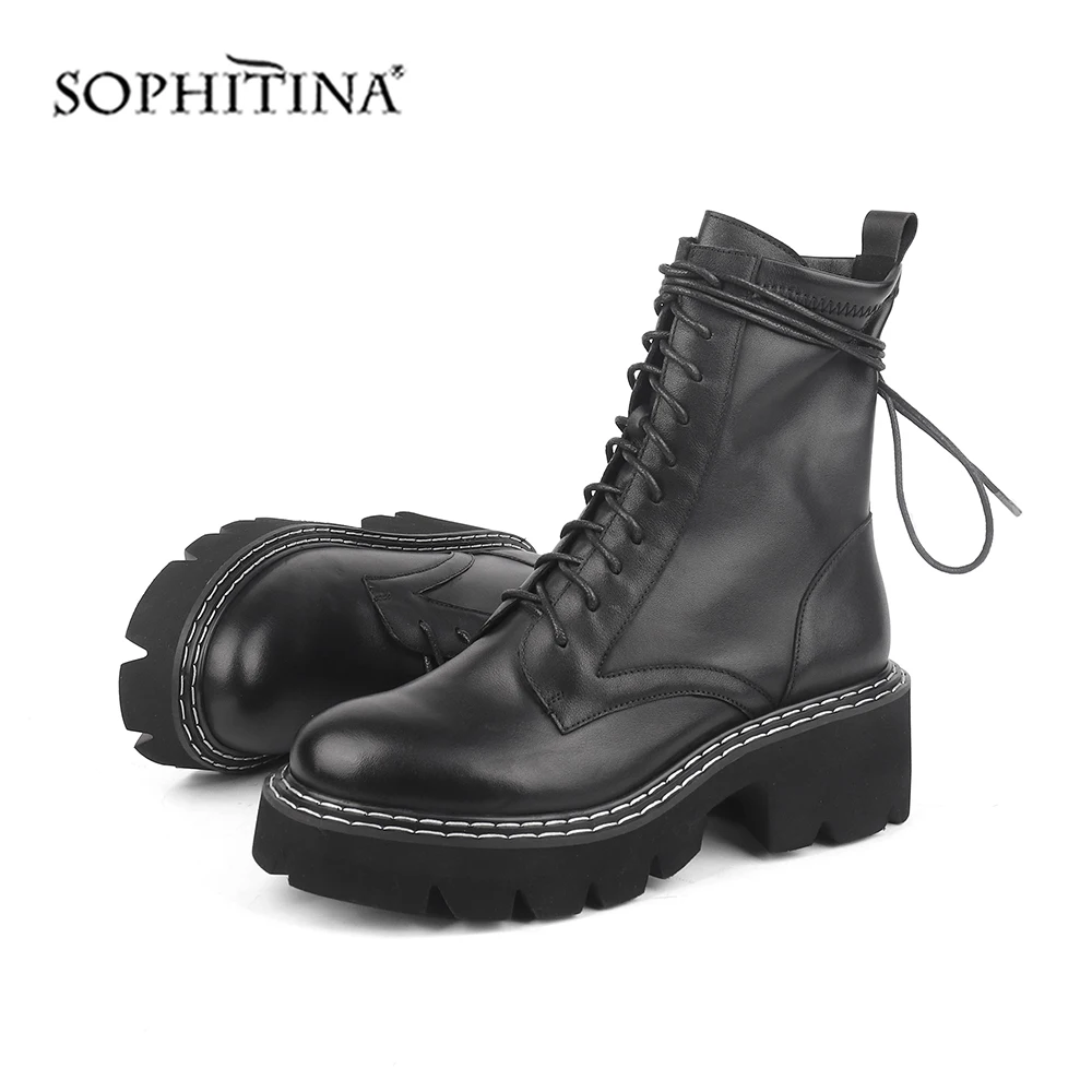 SOPHITINA/Ботинки женские martin. Модные ботинки высокого качества из натуральной кожи и стрейчевой ткани со шнуровкой. Теплая обувь в стиле локомотива. Ботильоны на легкой толстой подошве и квадратном каблуке. SC472
