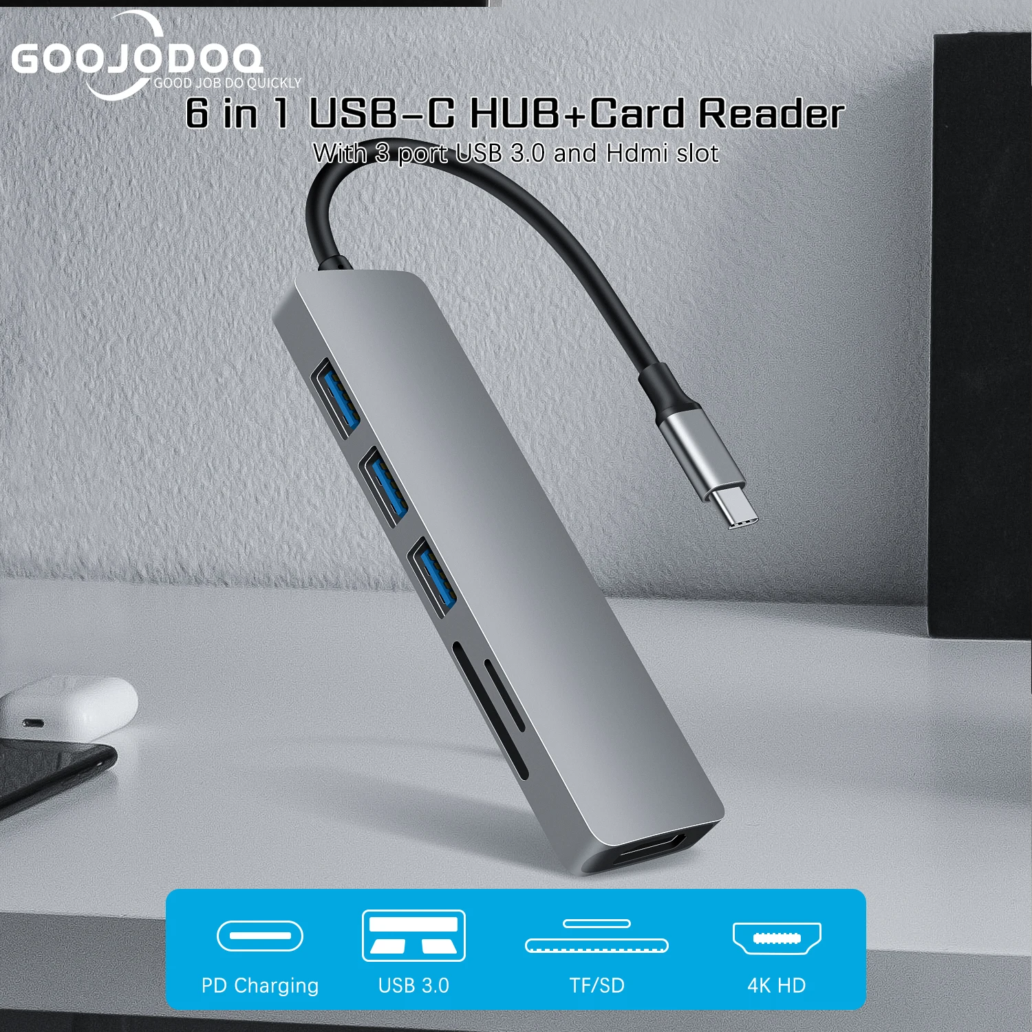 

USB-концентратор Type-C, 4K, разветвитель для iPad, Apple Macbook, HDMI, совместимый со смартфоном, устройство чтения карт USB 3,0, зарядное устройство PD, мульти...