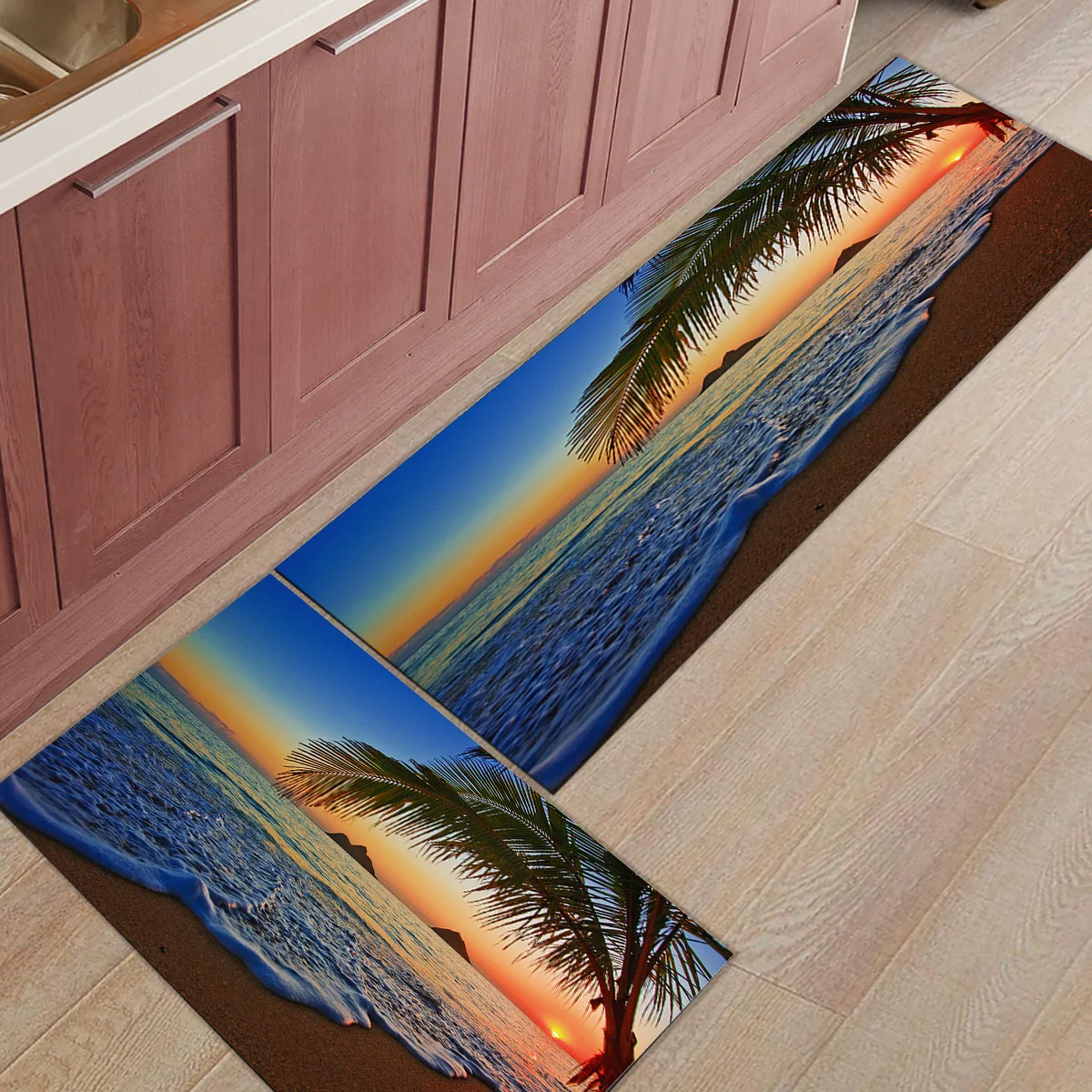 Коврик для кухни с кокосовым деревом и закатом прикроватный напольный мат