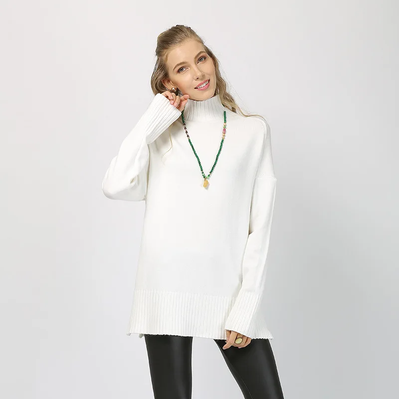 

2020 autumn winter new fashion high collar pullover solid color sweater simple hem split casual temperament sweater women tide