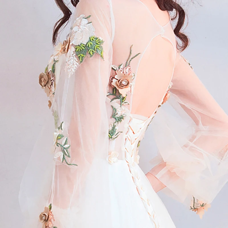 

Light Champagne Party Dress Illusion Lace Beading Appliques O-Neck Court Train Full Tulle Floor-Length Lady Formal Evening TS098