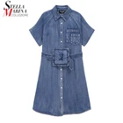 Новинка 2021 размера плюс, женское летнее винтажное Синее джинсовое прямое платье-рубашка с поясом, женское уникальное Стильное повседневное джинсовое платье 8456