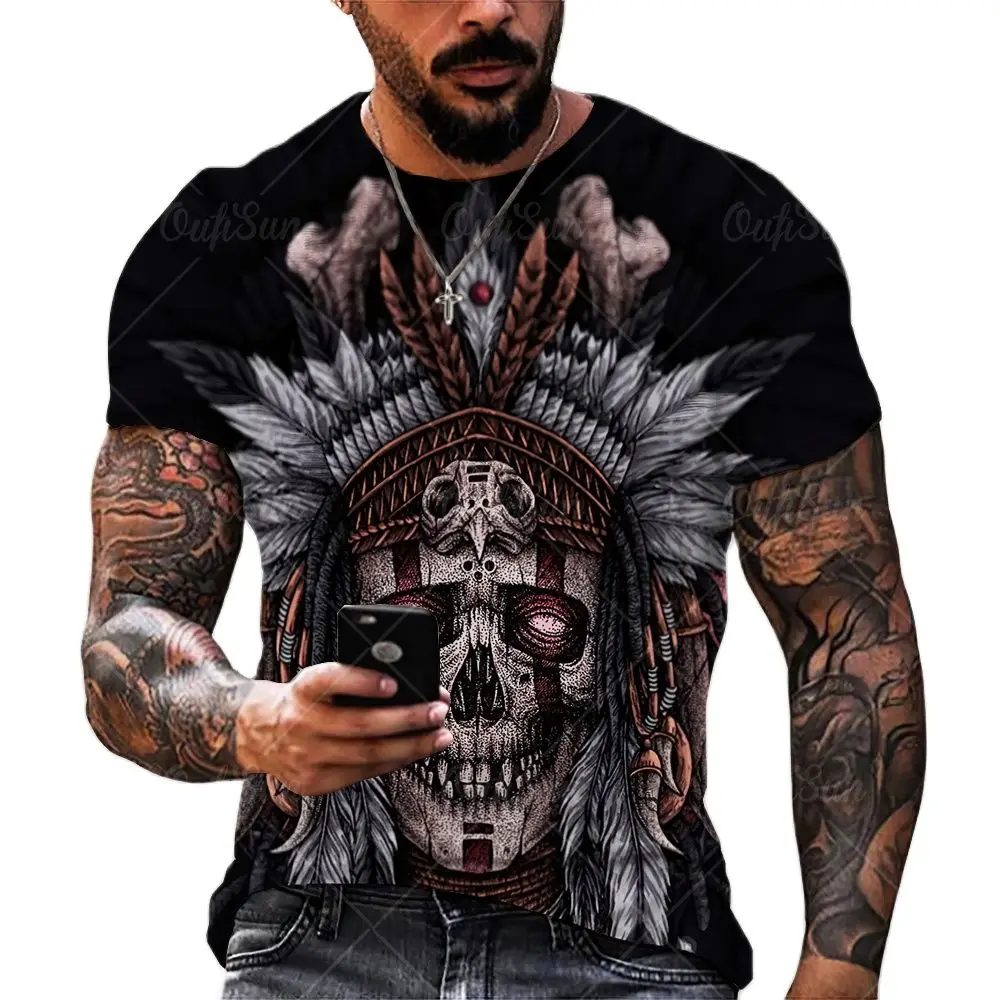 

3D Printing Horror Pirate Skull Men's T-shirts Skeleton Pattern Summer Fashion Street Trend Personality Wild Oversized Tops 6XL