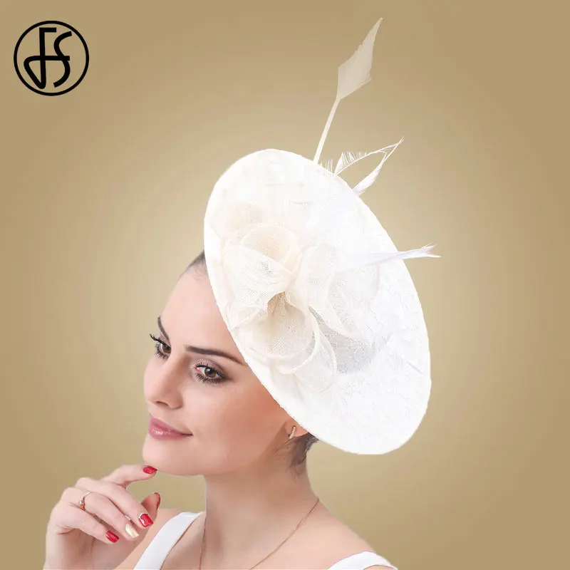 

FS Beige White Church Hats Women Elegant Horse Racing Ladies Wedding Fascinator Hat Bridal Feather Flower Fedoras Chapeau Femme