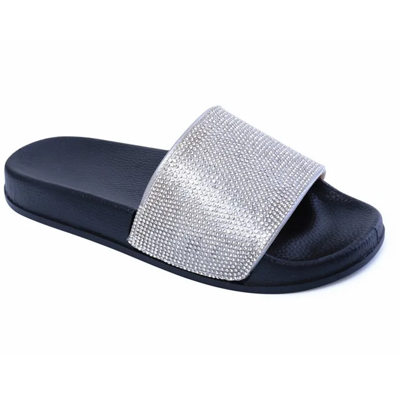 Zpcailt Женские вьетнамки Шлепанцы со стразами из PU искусственной кожи; шикарные шлепанцы без задника с открытыми пальцами летняя домашняя обувь на плоской подошве, Вьетнамки, Женская Стразы пляжные сандалии - Цвет: Black Silver-1