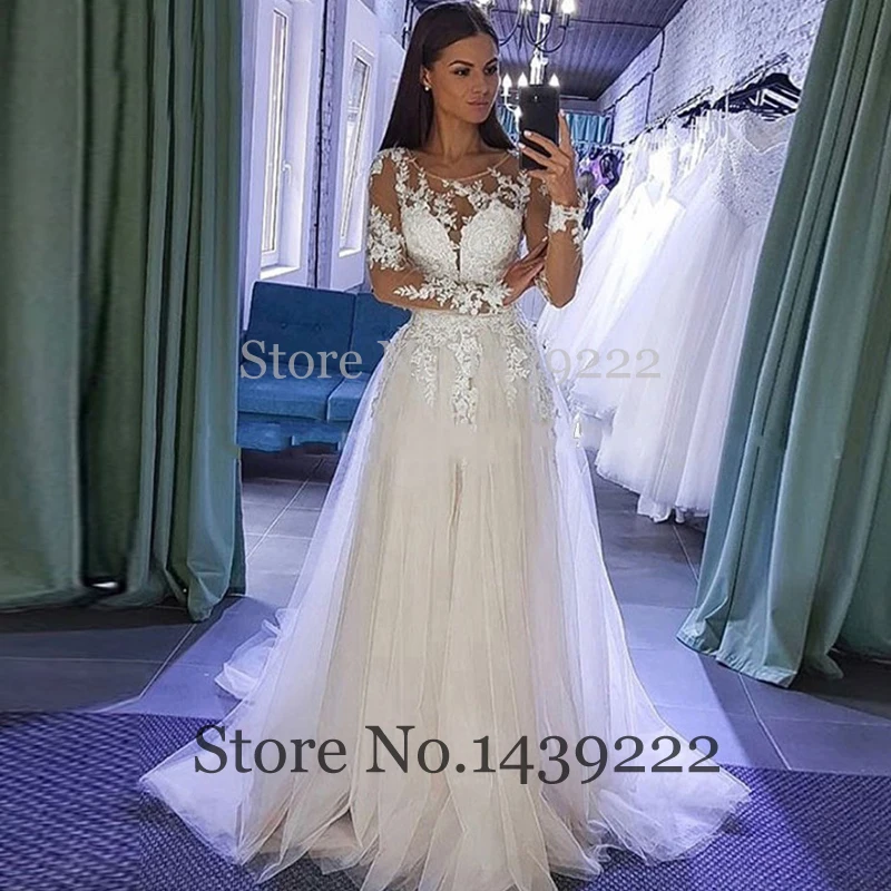 

White Ivory Flower Scoop Wedding Dress Aline Long Sleeves Lace Appliques Bridal Gown Robe De Mariee Sofuge Boho Custom Made