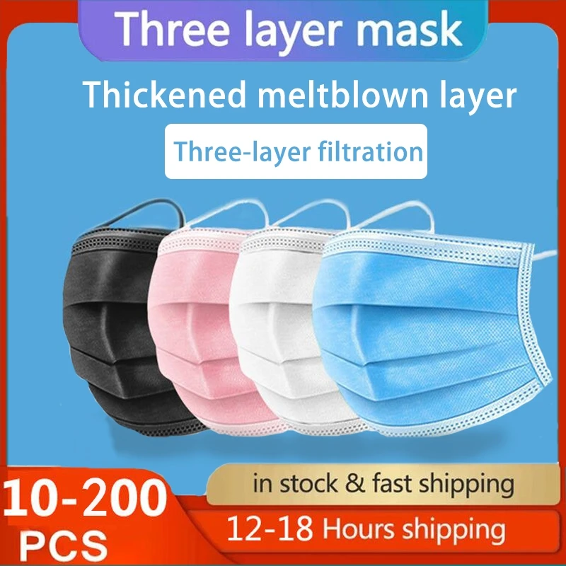 

10-200PCS Mask Disposable Non wove 3 Layer Ply Filter Mask Face Breathable Earloops Mouth Masks