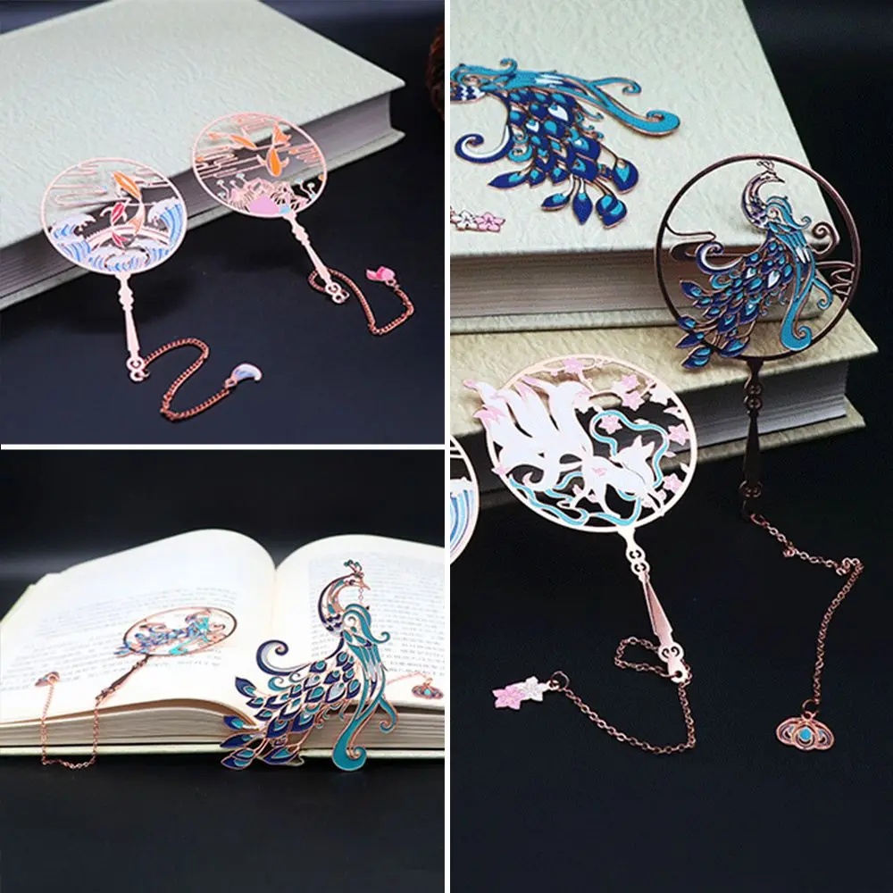 

Stationery Retro Peacock Koi Tassel Metal Brass Bookmark Pagination Mark Book Clip Group Fan Shape