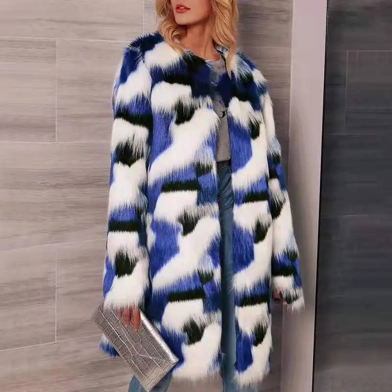 Женское зимнее длинное пушистое меховое пальто с принтом теплая верхняя одежда