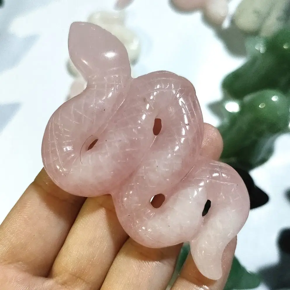 

Lovely 1PC Natural Rose Quartz Snake Hand Carved Polished Quartz Crystal Snake animal Healing Stones And Crystals Home Decor