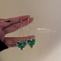 925 silver needle korean fashion high sense diamond emerald crystal love long tassel earrings female