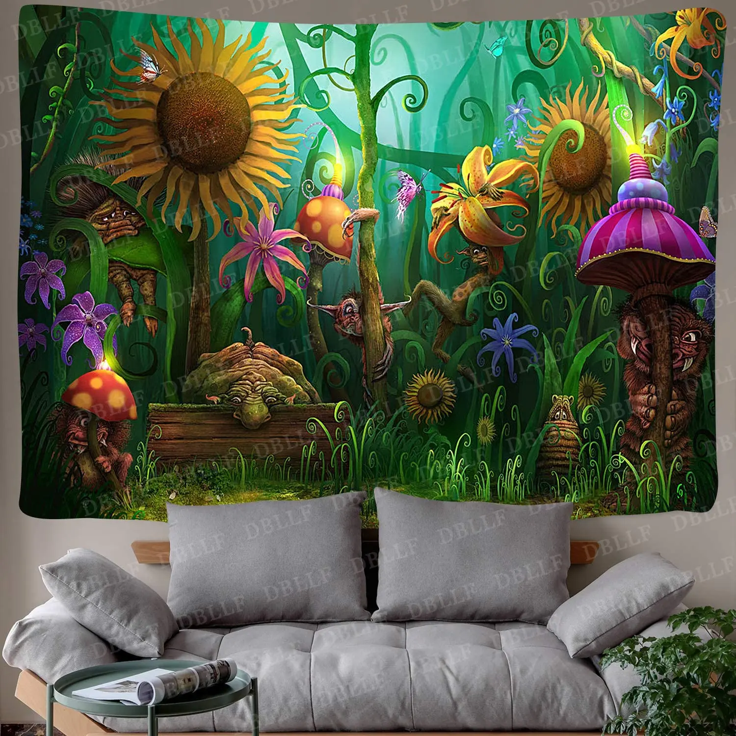 

Forest Landscape Mushroom Tapestry Animal Green Plants Background Sunflower Wall Hanging Blanket For Living Room Bedroom Dorm