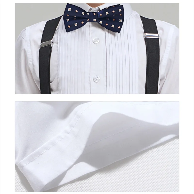 

Children School Summer Clothing Set 3-16Y Boys Shirt Pants Strap Bowtie 4pcs Outfits Fashion Kids Wedding Party Overall Uniforms